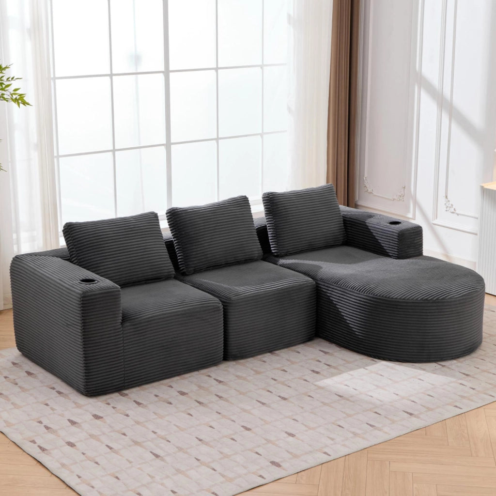 Divano, 265 cm, a due posti, con portabicchieri, tre cuscini decorativi, per piccoli appartamenti, grigio scuro