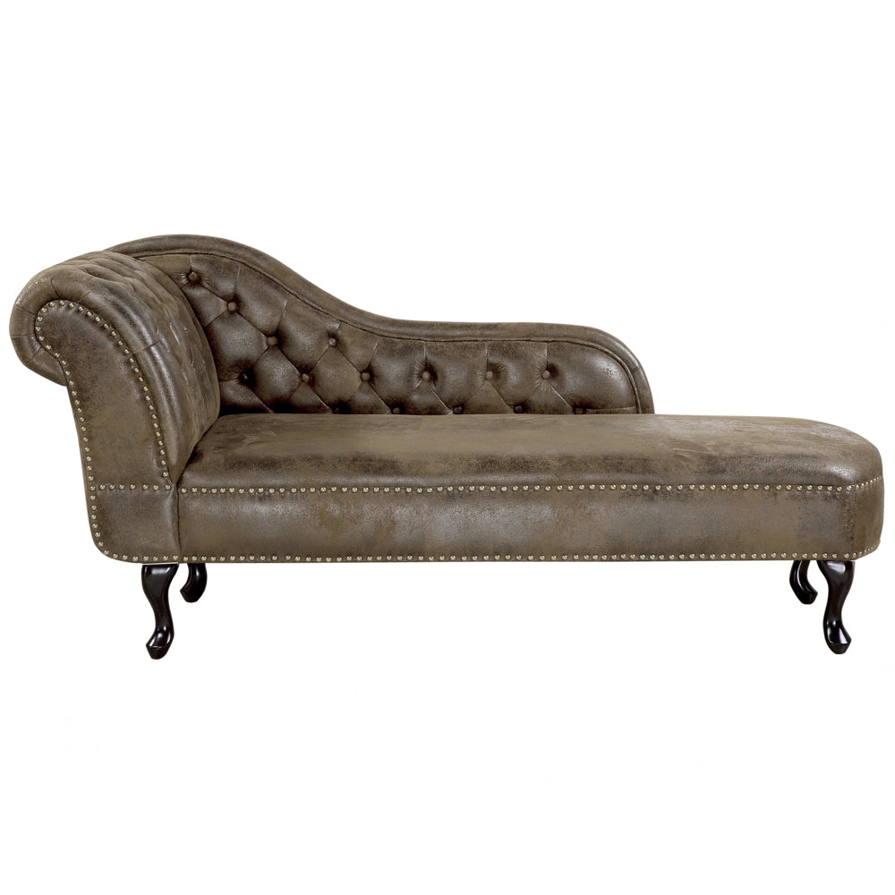 Chaise longue marrone a versione sinistra in finta pelle scamosciata abbottonata