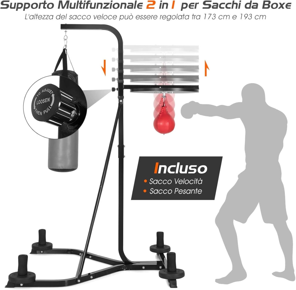 Supporto per Sacco da Boxe e Punching Ball Regolabile, Sacco Boxing da Terra con Struttura in Metallo Robusta e Base Stabile, Attrezzi Pugilato Autoportante da Casa per Adulti