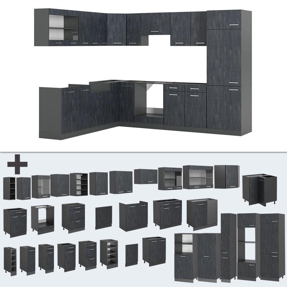 Cucina angolare completa R-Line Calce nera/Antracite 287 x 227 cm PL Marmo Vicco