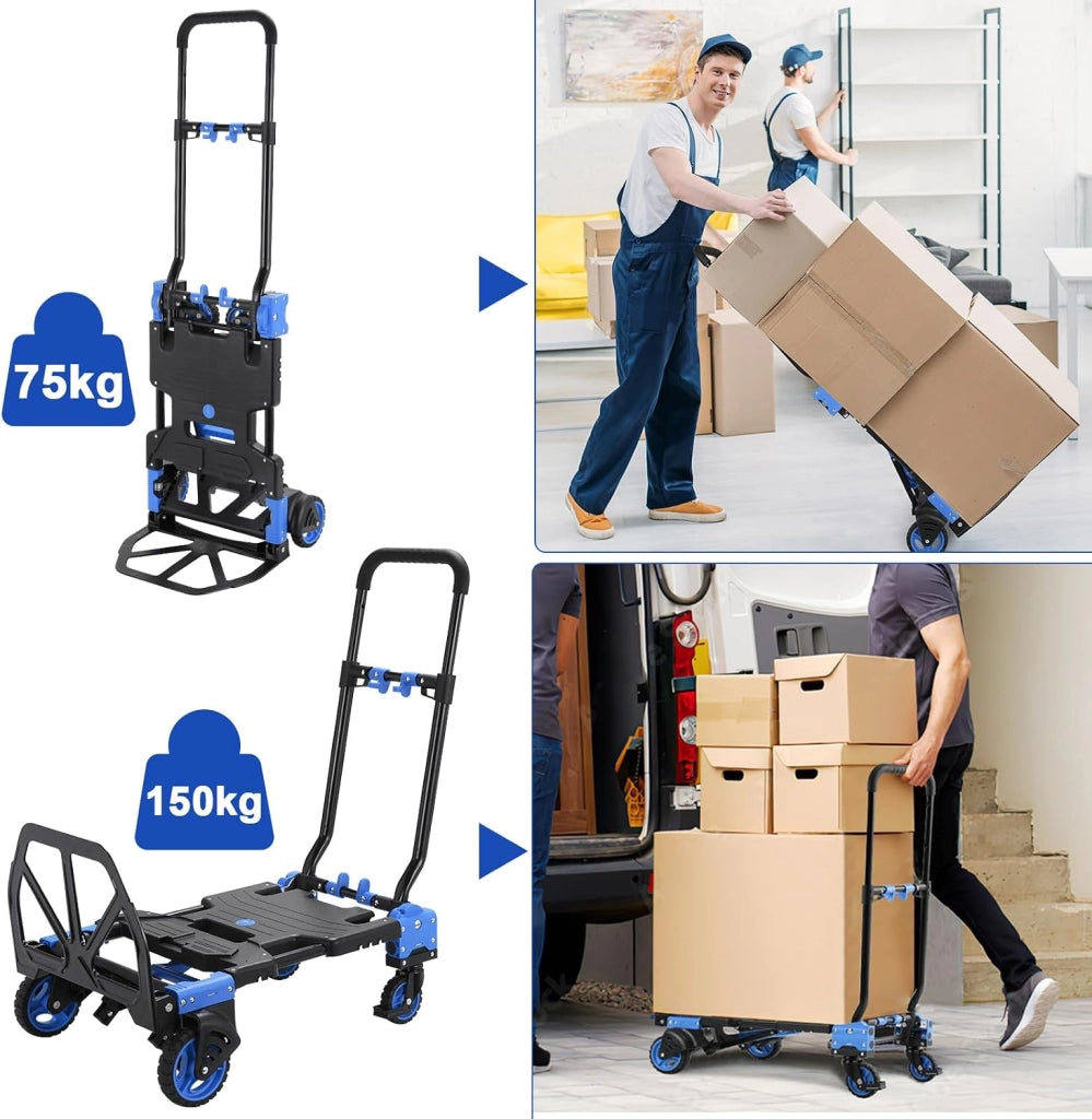 Carrello 2-in-1 con con Grande Scatola Pieghevole, Carrello a Piattaforma max. 150 kg, 2 Elastici con Gancio, Regolabile in Altezza a 3 Livelli, per Trasporto, Shopping, Campeggio, Trasloco (Blu)