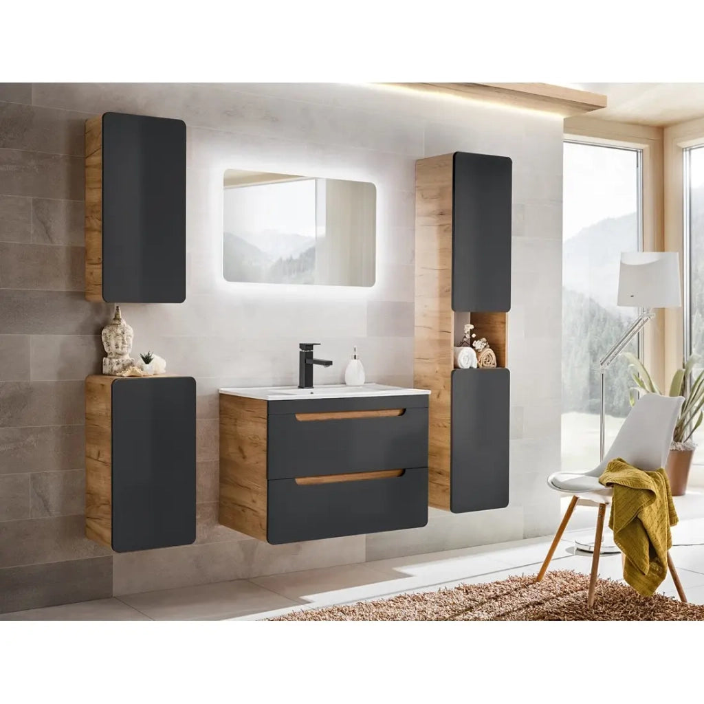 Mobile da bagno ERBANO – 1 porta – 35x75 cm – Rovere chiaro e grigio antracite