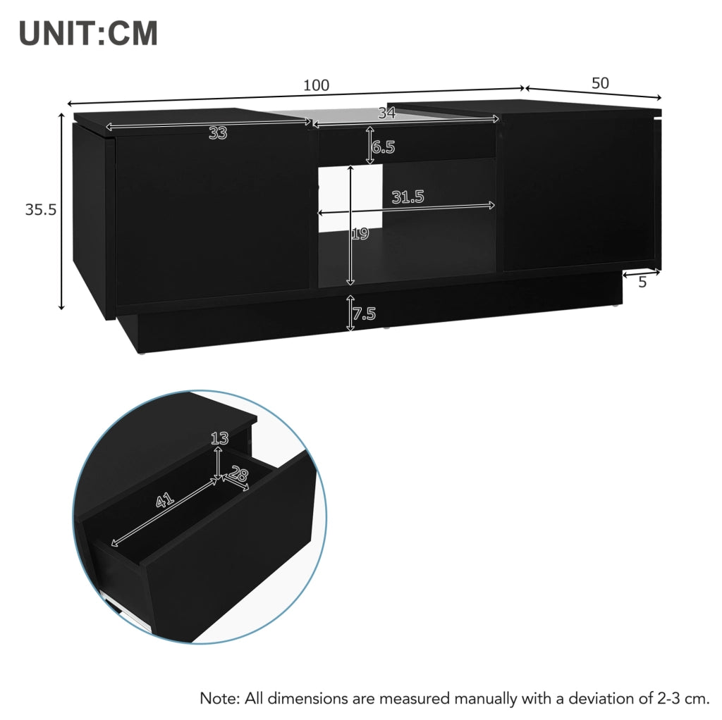 Tavolino da caffè con LED e controllo APP 100 x 50 x 35;5 cm; nero; in truciolare e vetro