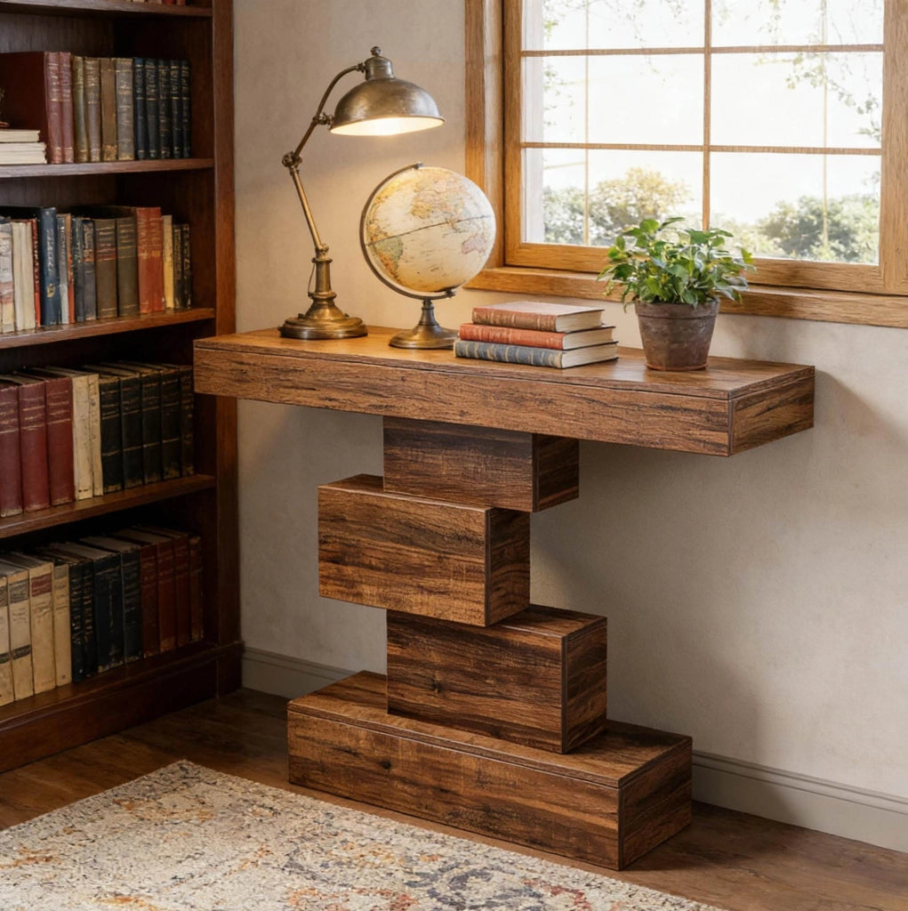 Tavolino consolle rustico con base geometrica e design funzionale
