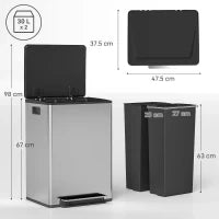 Pattumiera a Pedale con 2 Scomparti da 30L, Coperchio Ammortizzato e Secchi Rimovibili, Acciaio Inox, Argento