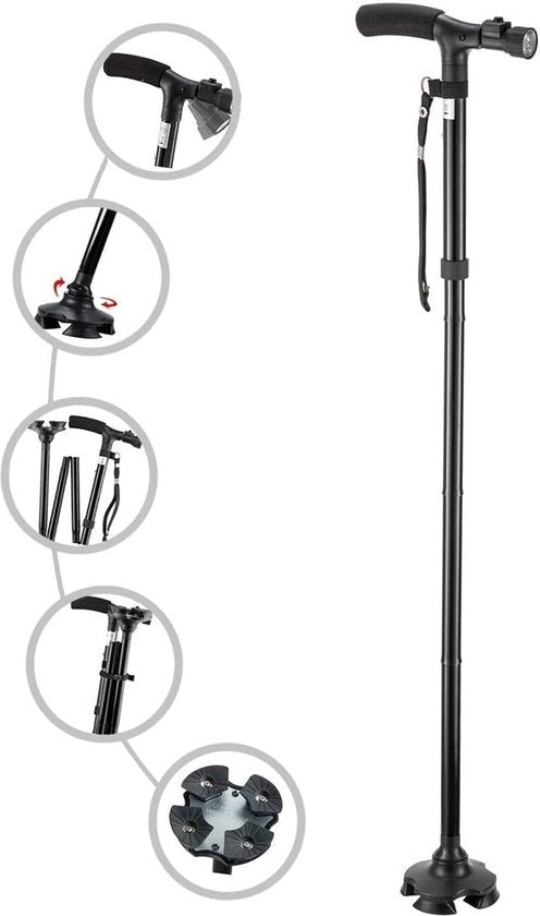 Wandstaf con luce LED pieghevole - bastone da passeggio per uomini e donne - bastone da passeggio per anziani con impugnatura T