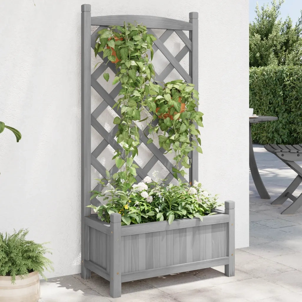 Fioriera | Cassetta per fiori | Vaso con Traliccio Grigia in Legno Massello di Abete