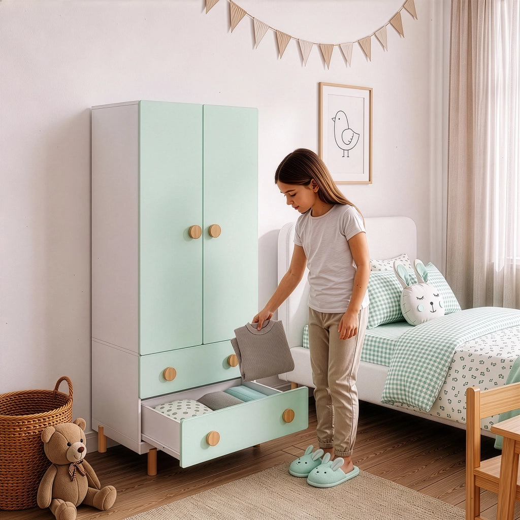 Armadio per Cameretta Vaarentaa a 2 Ante con 2 Cassetti 156x60x41 cm - Bianco/Verde Menta [en.casa]