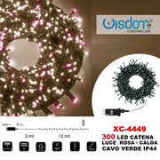 Trade Shop - Catena Luminosa 300 Luci Led Lucciole Luce Rosa + Calda Cavo Verde Ip44 Xc-4449 -