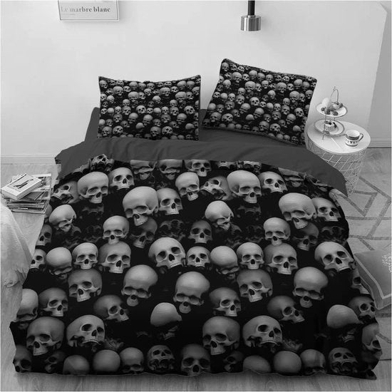 Set di coperte, 3 pezzi, di microfibra con chiusura a zip, gotico, motivo di teschio 3D, coperta da letto 220 x 240 cm, 2 cuscini 80 x 80 cm