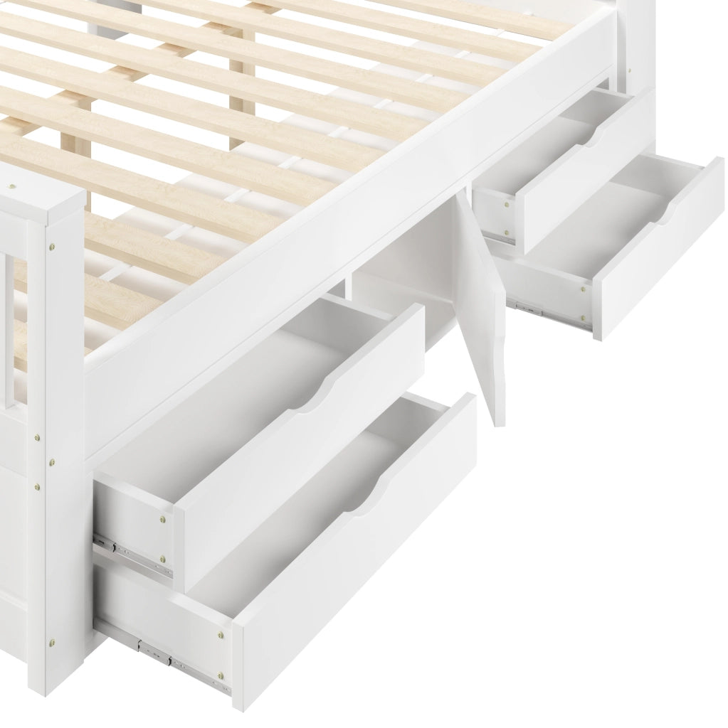 Letto 160x200 cm con cassetti; LED e testiera libreria in MDF e compensato bianco