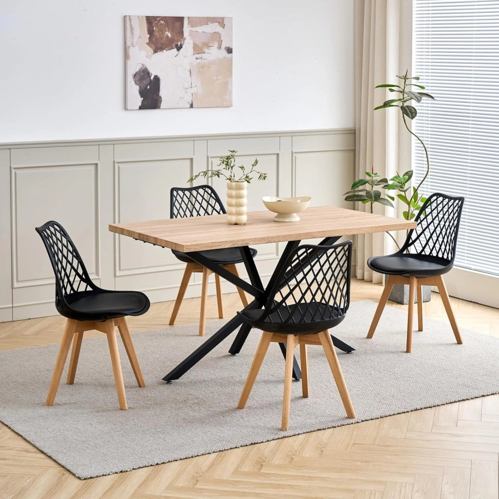 GrandCA HOME Set Tavolo e Sedie da Pranzo, Tavolo da Pranzo Rettangolare da 140 cm, 4 Sedie in Polipropilene a Rete, Adatto per Cucina, Sala da Pranzo e Soggiorno - Legno Chiaro + Kaki