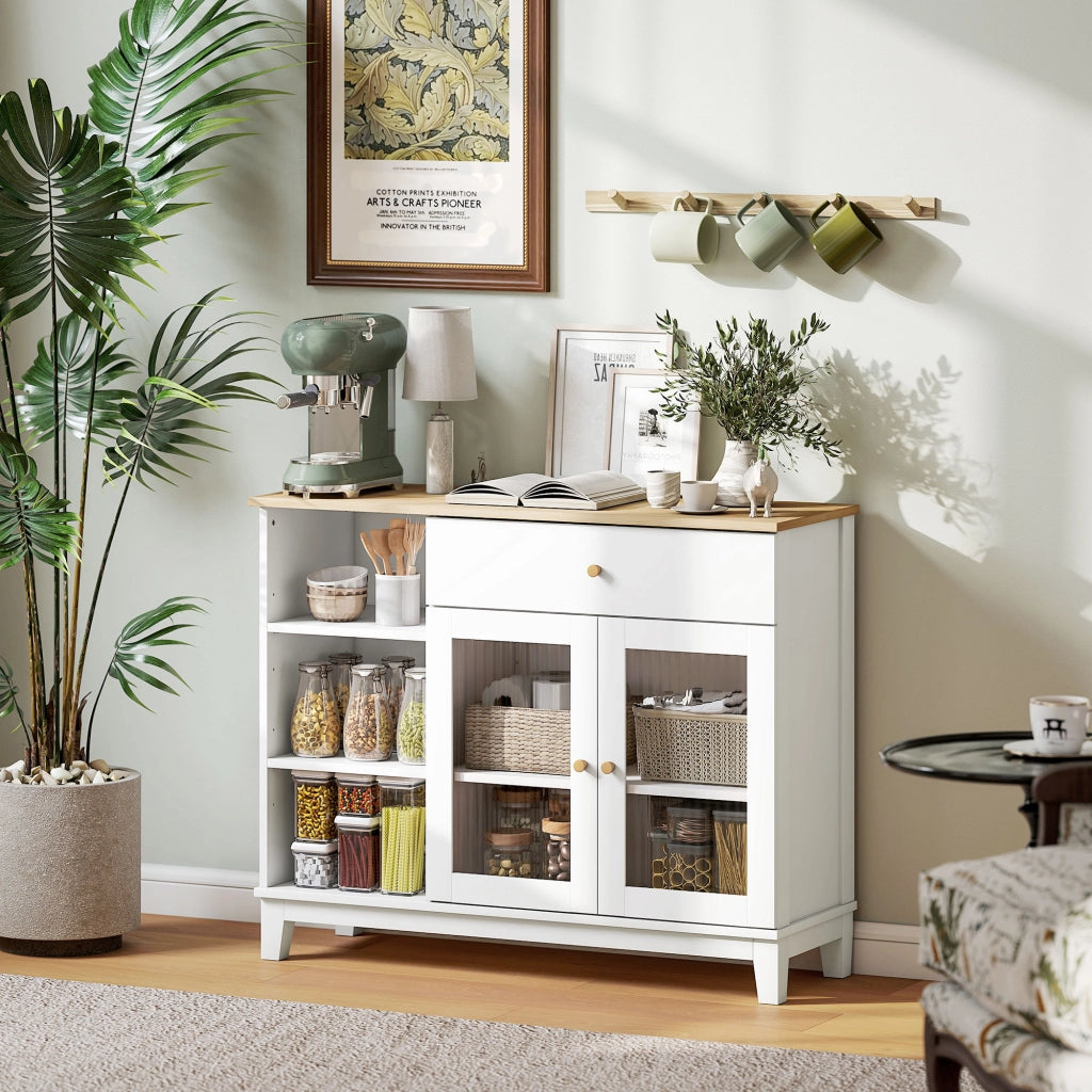 Credenza con ante in vetro temperato, cassetto e ripiani regolabili ¨C Xylo ¨C Bianco