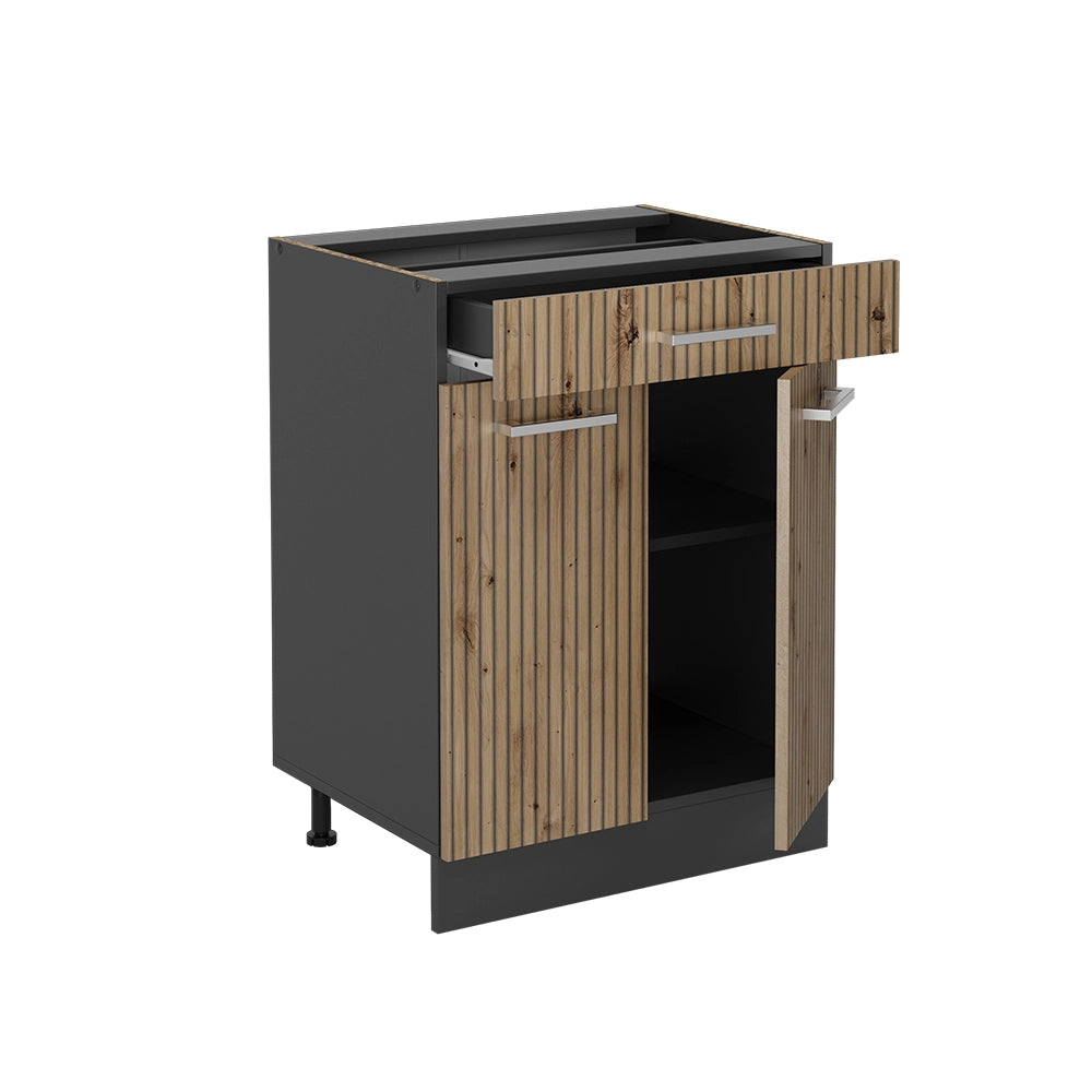 Mobiletto base per cucina R-Line Rovere artigianale/Antracite 60 cm con cassetto, senza piano di lavoro Vicco