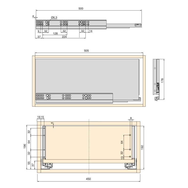 Kit di cassetti per cucina o bagno Vertex con regolazione 3D, altezza 178 mm, con pannelli inclusi, modulo 450 mm, Gri..