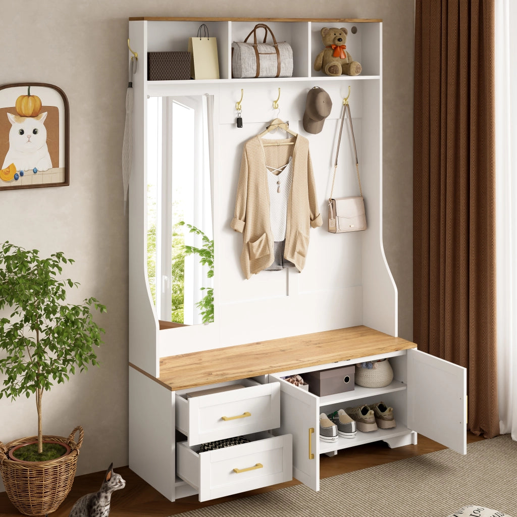 Mobile guardaroba con LED; specchio e panca 120x40x187 cm in MDF bianco e legno