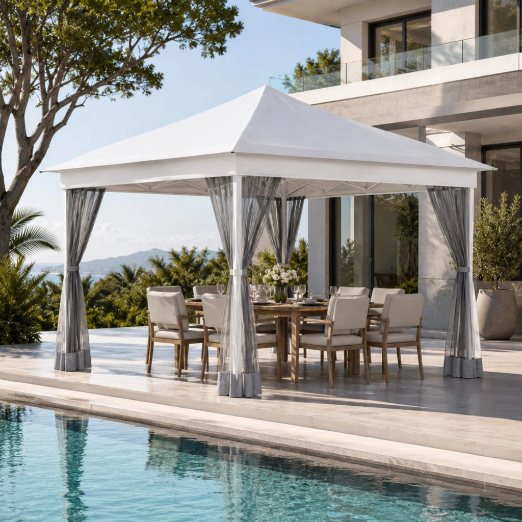 Gazebo Pieghevole Da Giardino Con Teli Zanzariera Laterali Copertura Oxford UV50+ Telaio Regolabile Pop Up Con Borsa Trasporto Outdoor 360 x 360 x 310 Cm Bianco