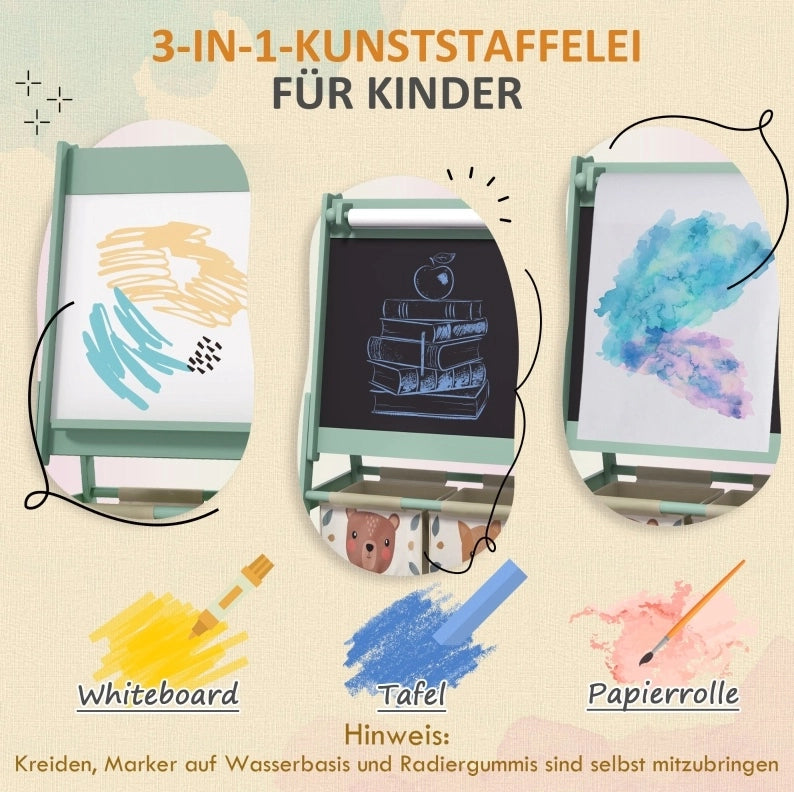 Cavalletto 3-in-1 per bambini con rotolo di carta, verde