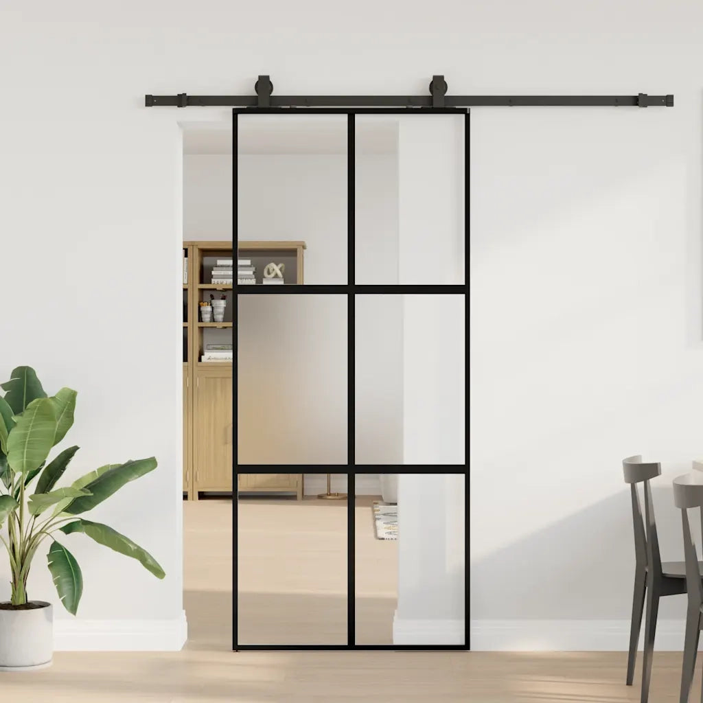 Porta Scorrevole Set Ferramenta Nera 90x205 cm Vetro Temperato