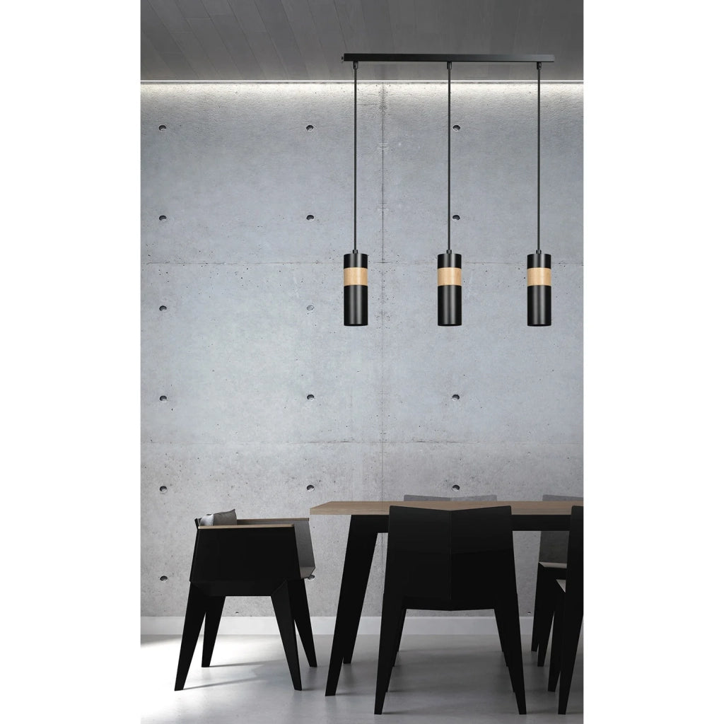 Lampadario 3 Luci Change In Acciaio Nero A Cilindro Con Legno Naturale