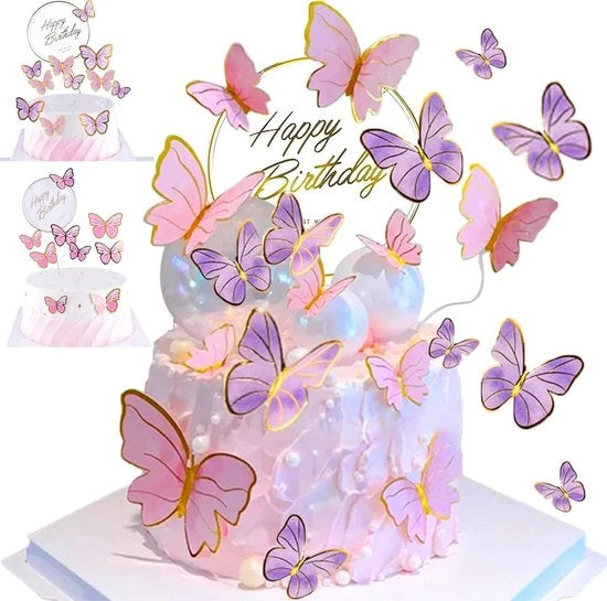 Decorazione per torta 3D, 21 pezzi, decorazione per torta, top per cupcake, decorazione per torta tridimensionale per feste di compleanno, matrimoni, baby shower, anniversari (rosa, viola)