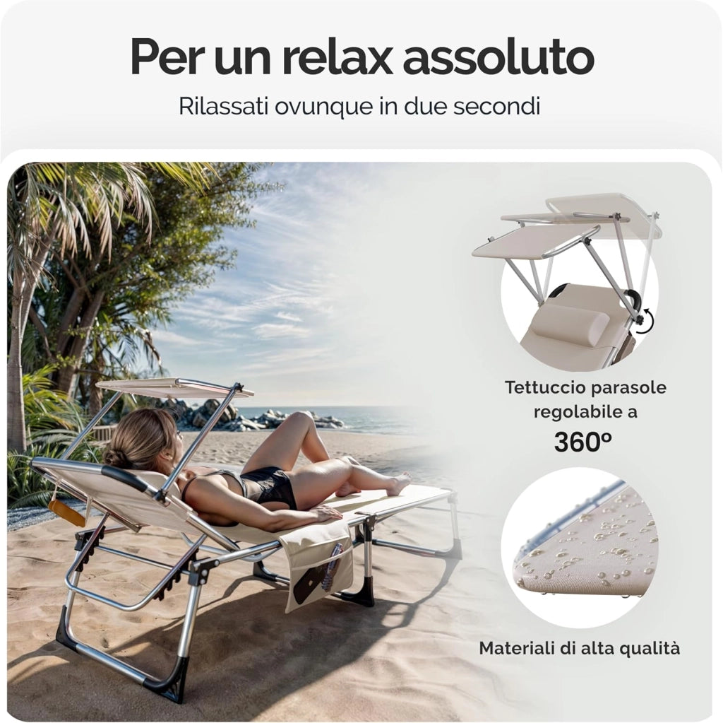 ® Lettino Prendisole Pieghevole Malta 210x61cm con Tettuccio Carico Max. 180kg Sdraio da Giardino Mobili Esterno