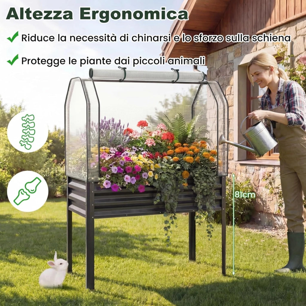 Orto Rialzato da Esterno con Serra, Fioriera Rialzata con Copertura in PE, Porta Avvolgibile con Cerniera e Guanti, Aiuola Rialzata per Verdure, Fiori e Frutta, 112 x 55 x 152 cm (Grigio)