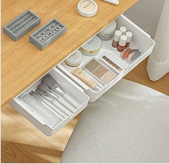 Sotto scrivania, 2 pezzi di organizzatore per cassetto, scatola di archiviazione, organizzatore per cassetto autoadesivo per ufficio, box per cassetto nascosto, bianco