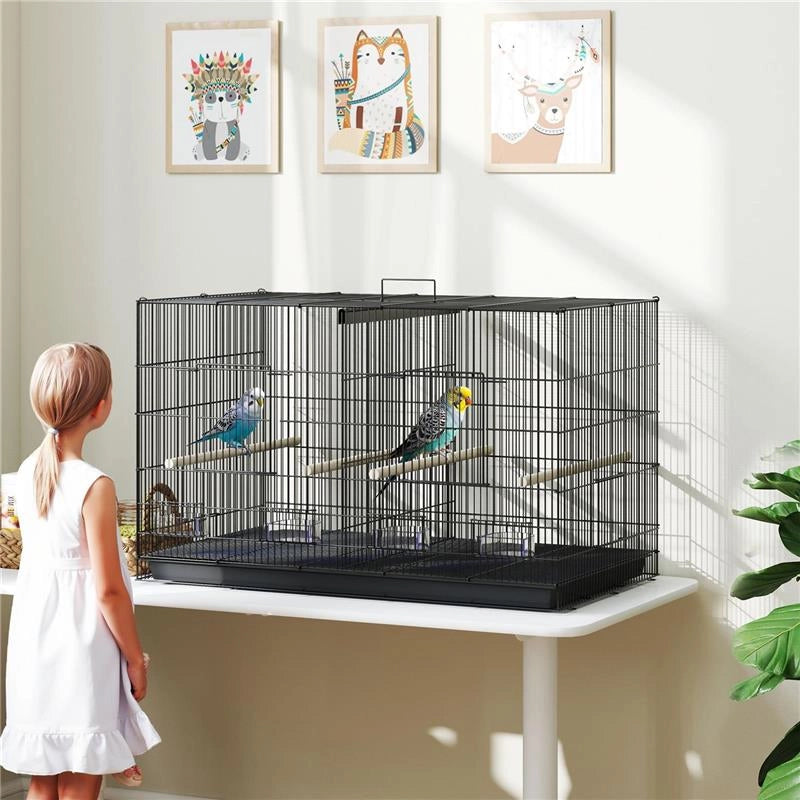 GABBIA PER UCCELLI CON DIVISORIO E RIPIANO INFERIORE PORTAOGGETTI IN ACCIAIO E PP 94X57X57 CM NERO