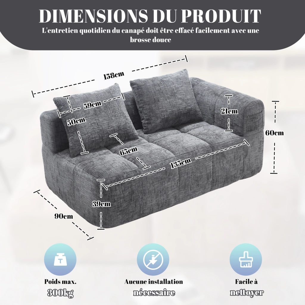 Divano con chaise longue in chenille grigio; 158x90x60 cm; con tasche laterali e cuscino