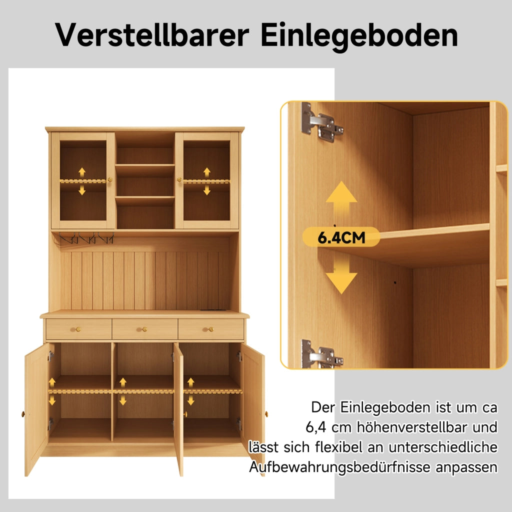 Credenza alta con vetrina, 1 cassetto e prese USB, per cucina e sala da pranzo, rovere naturale, 120 × 40 × 191 cm