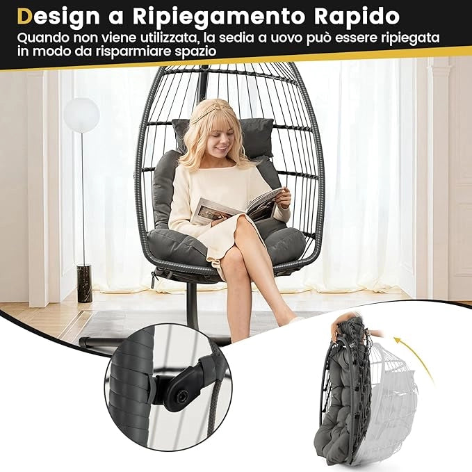 Sedia Sospesa a Uovo, Sedia Amaca con Cuscino per Testa e Seduta, Sedia a Dondolo in Vimini da Interno/Esterno, Design Pieghevole Salvaspazio, Capacità 150 kg