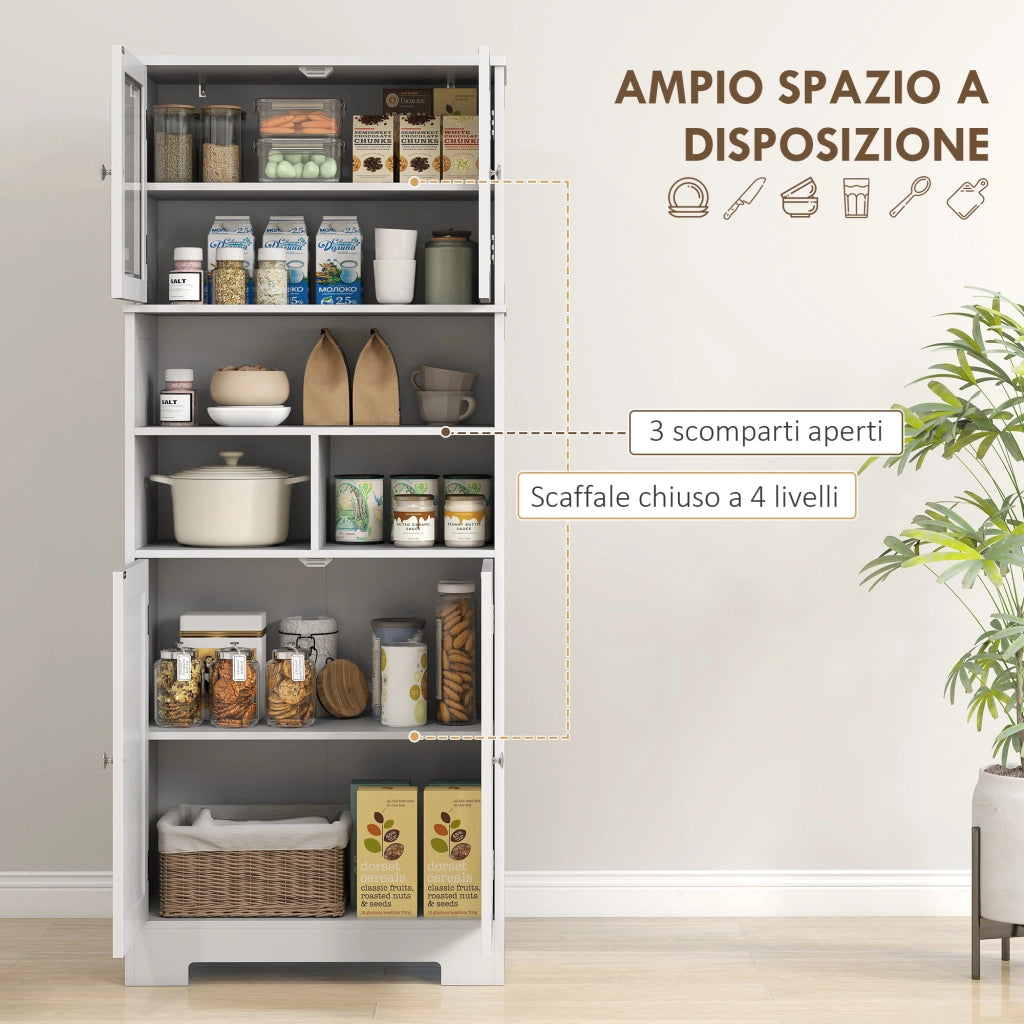 Credenza Bianca con 2 Ante a Vetro e 3 Vani Aperti, Ripiani Regolabili ¨C Zephmum ¨C 60x30x145.5 cm