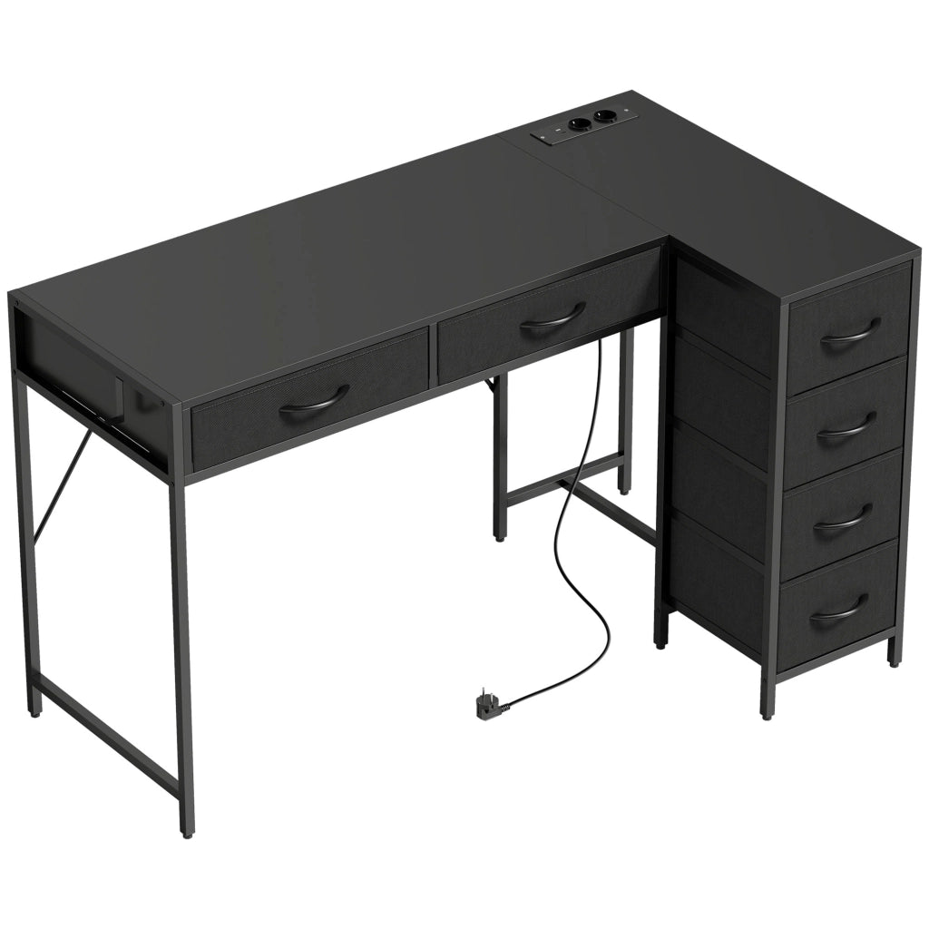 Scrivania Angolare 126x48x80 cm a 6 Cassetti con Gancio Laterale e Prese Integrate in Legno e Acciaio Nero