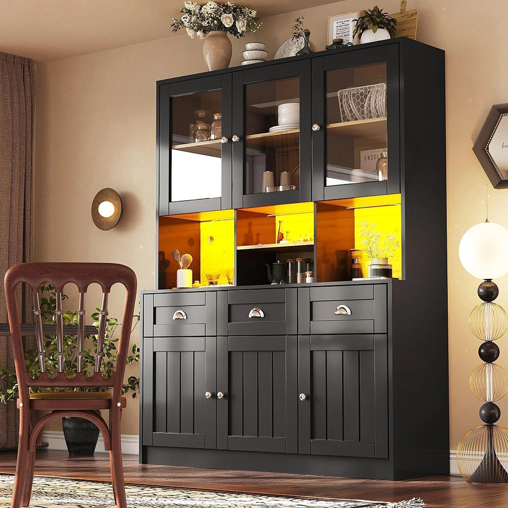 Credenza Cucina Alta 140x40x175cm - Xylo - Luci LED RGB Regolabili, Bianco e Nero