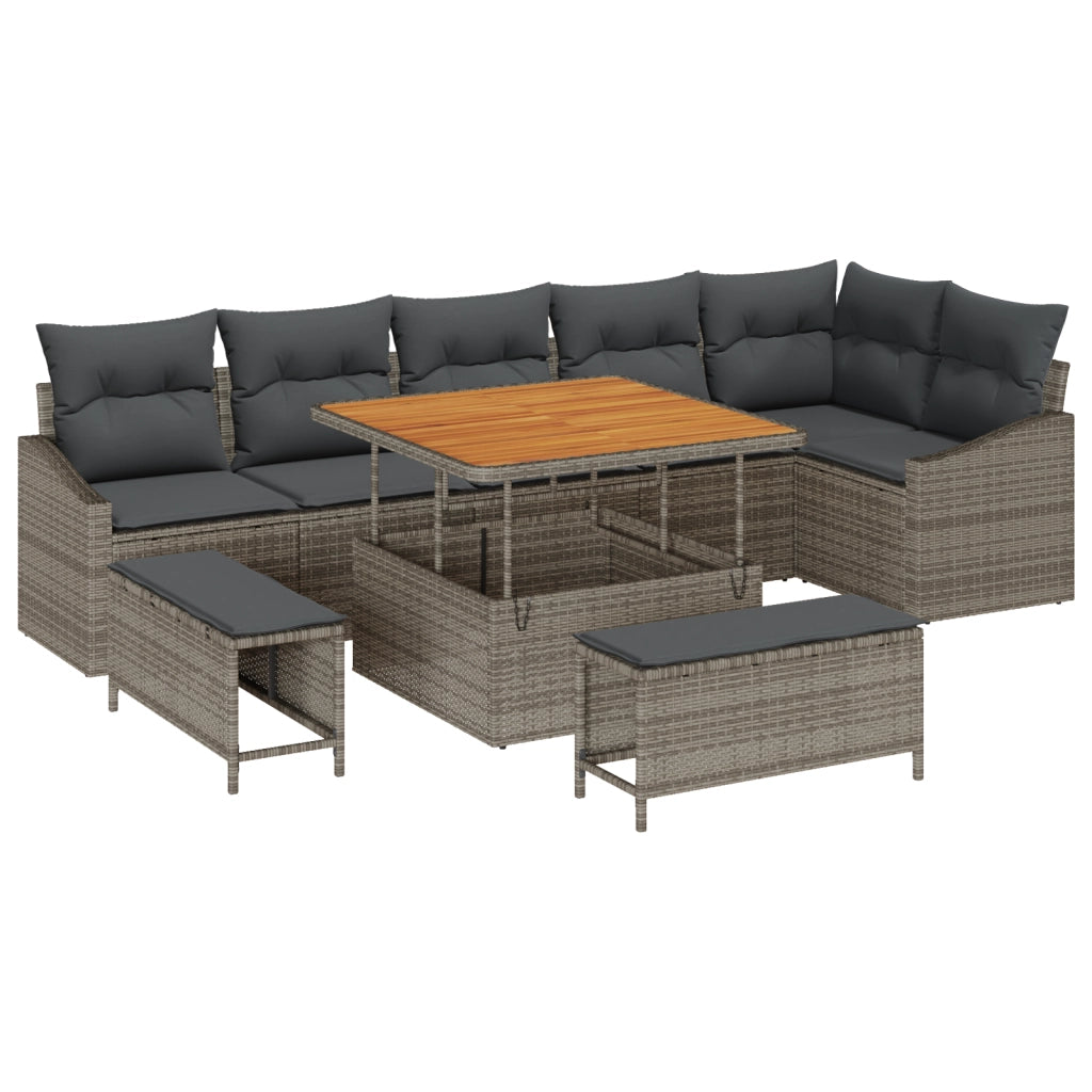 Set Divano da Giardino 9 Pezzi con Cuscini Grigio Polyrattan Acacia