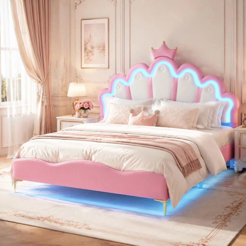 LETTO Principessa con corona 140x200 cm Rosa in PU con LED