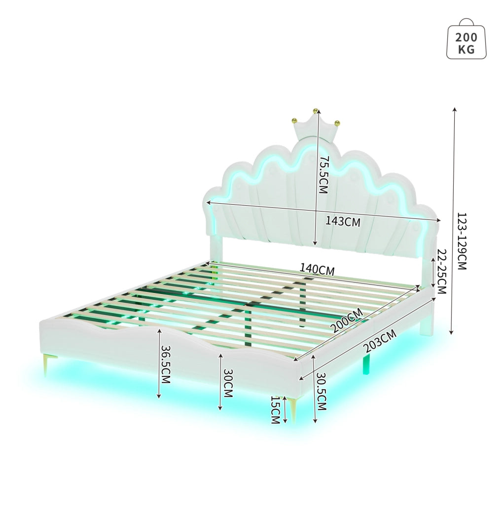 Letto matrimoniale 140x200 cm; testiera a nuvola con corona e LED; PU e MDF; bianco