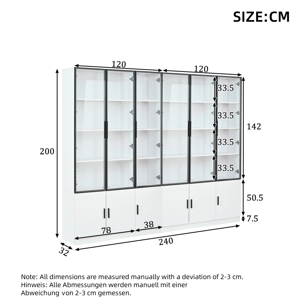 Vetrina alta con 12 ante in vetro e LED, 240x32x200 cm, armadio multifunzione in MDF bianco
