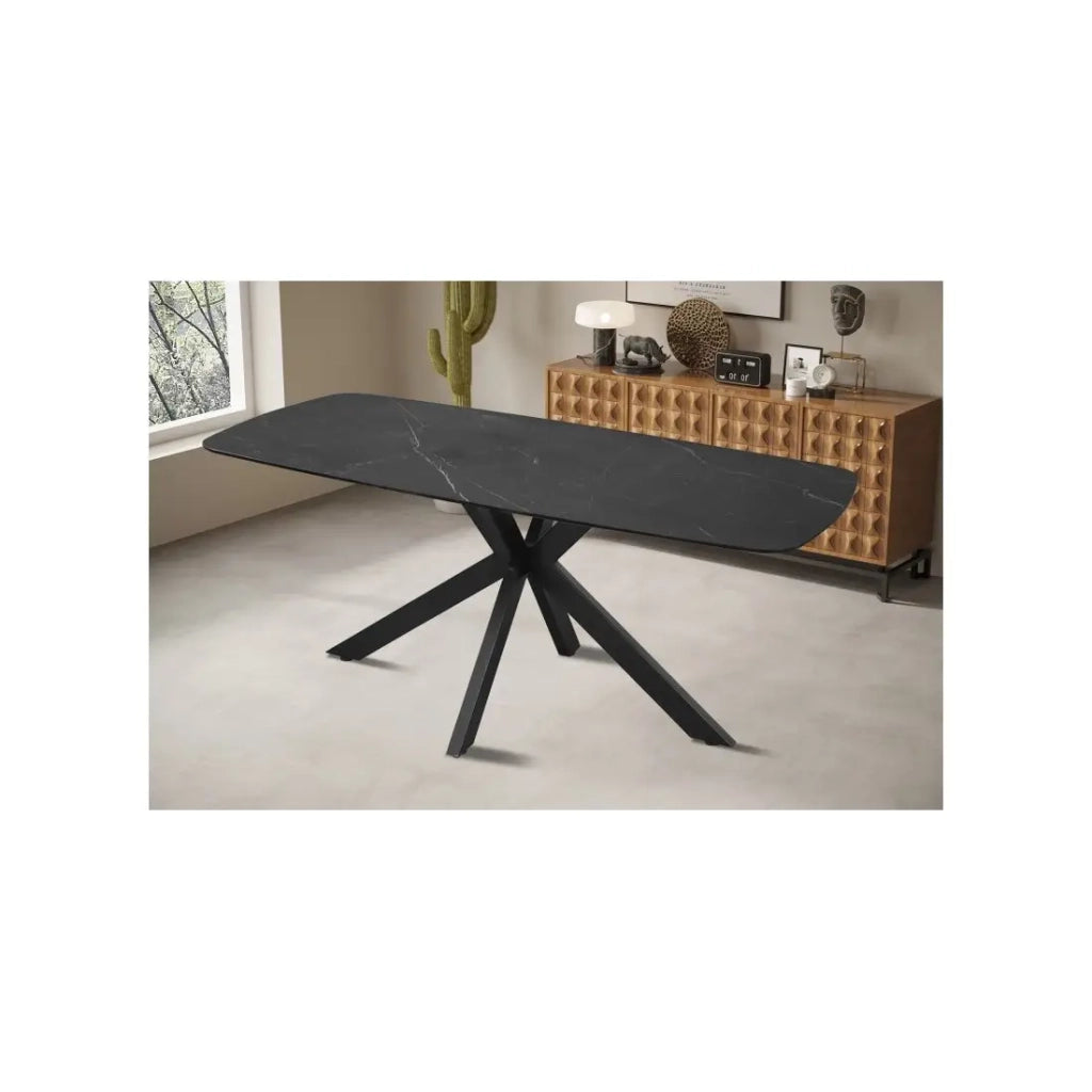 Tavolo da pranzo VINCI lunghezza 180cm con piano di 10mm in pietra effetto marmo nero.