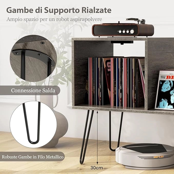 Supporto per Giradischi con Presa di Corrente, Espositore per Dischi con Presa di Corrente e Porta USB, capacità Fino a 145 Album, per Soggiorno e Camera da Letto, 66 x 45 x 67 cm (Grigio)
