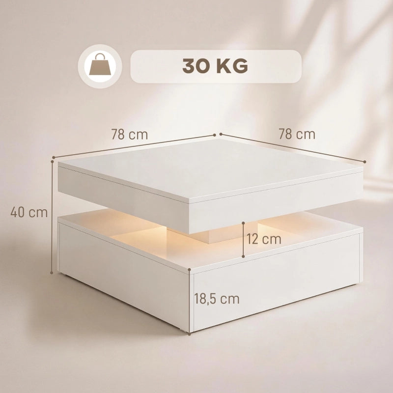 Tavolino basso con LED RGB e telecomando, 2 ripiani aperti, per soggiorno, in fibra di legno, bianco lucido, 78 × 78 cm