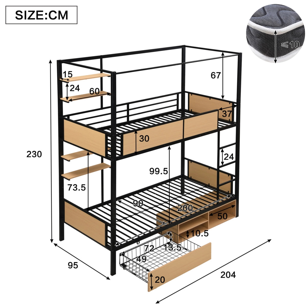 Letto a castello 90x200 cm con doppio ripiano e contenitore in metallo e MDF nero e naturale