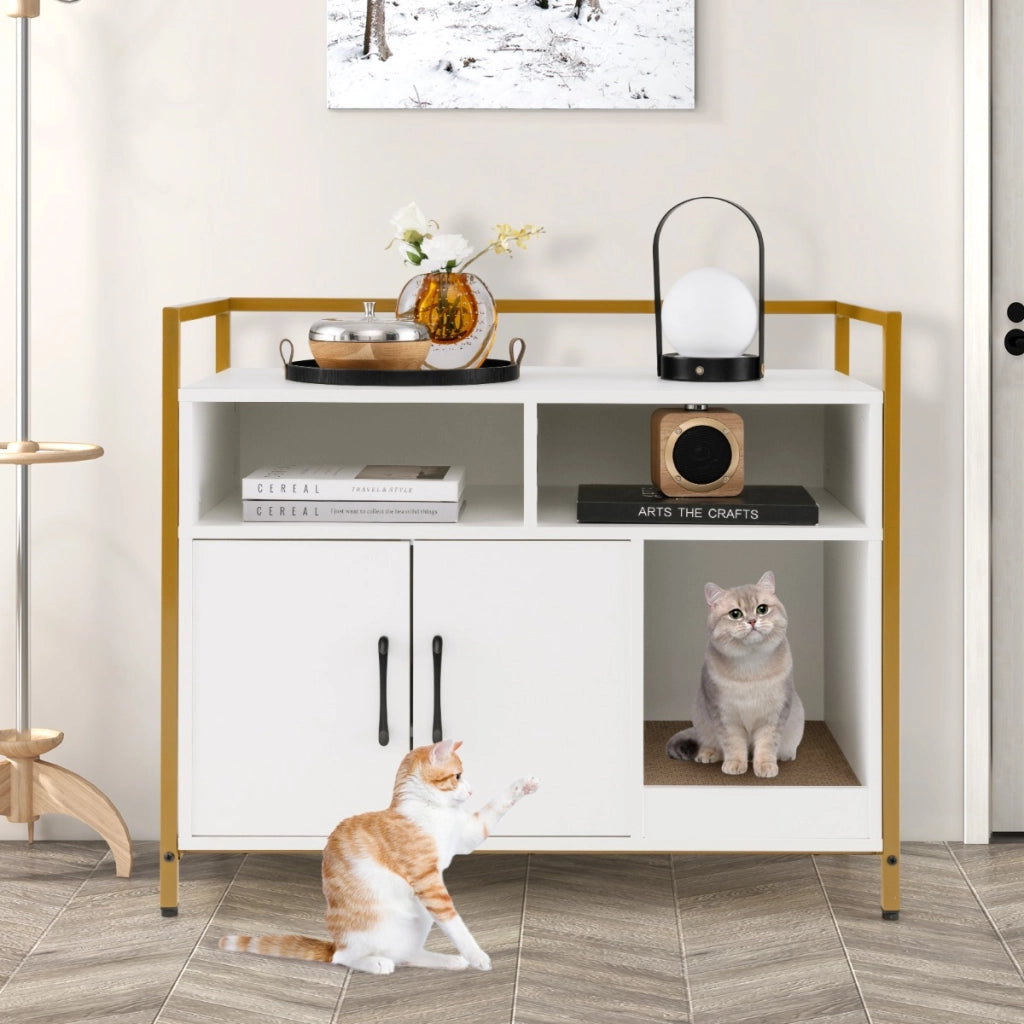 Toilette nascosta per gatti con doppie porte e cartone per graffi, Contenitore per lettiera per gatti Bianco-Lettini e divanetti
