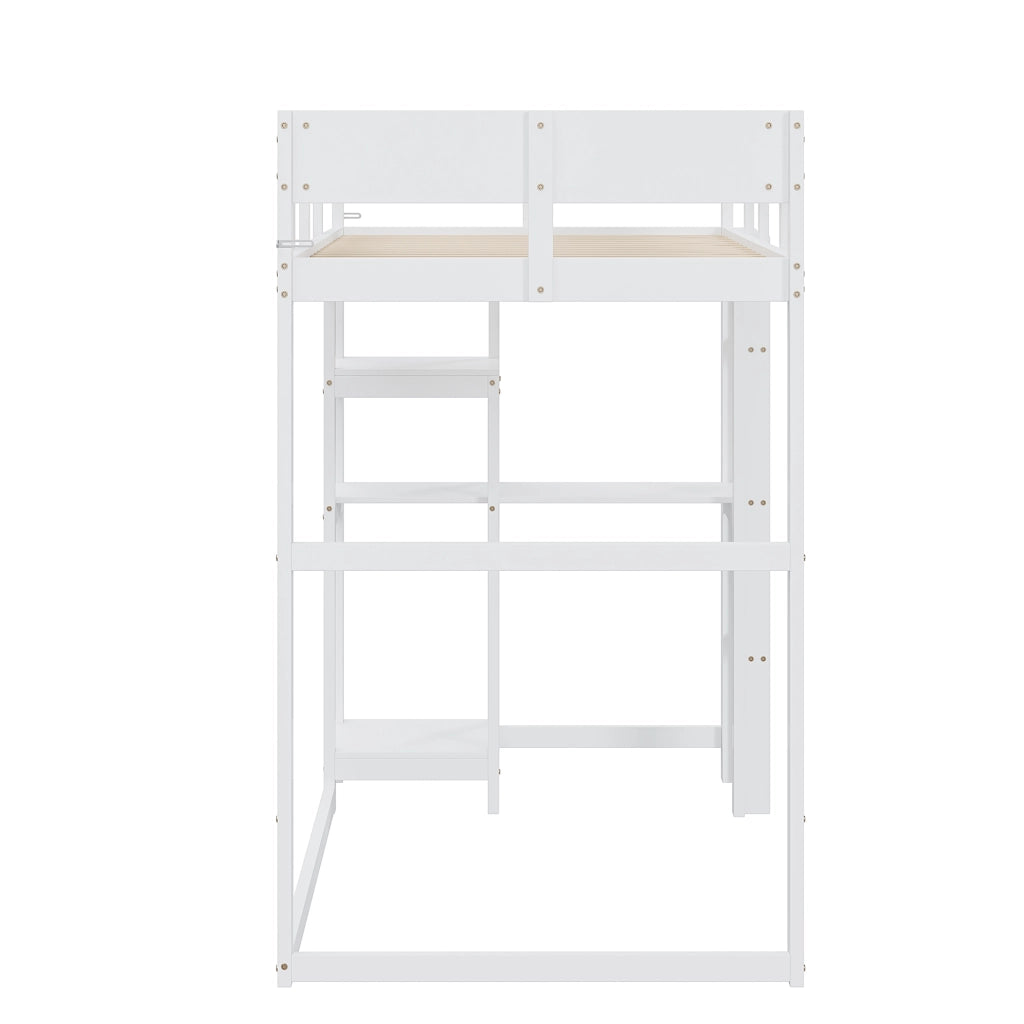 Letto a soppalco singolo 90×200 cm con ripiano e barriere; senza materasso; legno; bianco