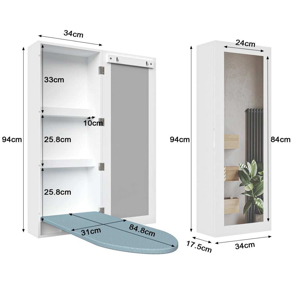 Organizer da parete con asse da stiro pieghevole; contenitore e specchio per lavanderia in MDF bianco