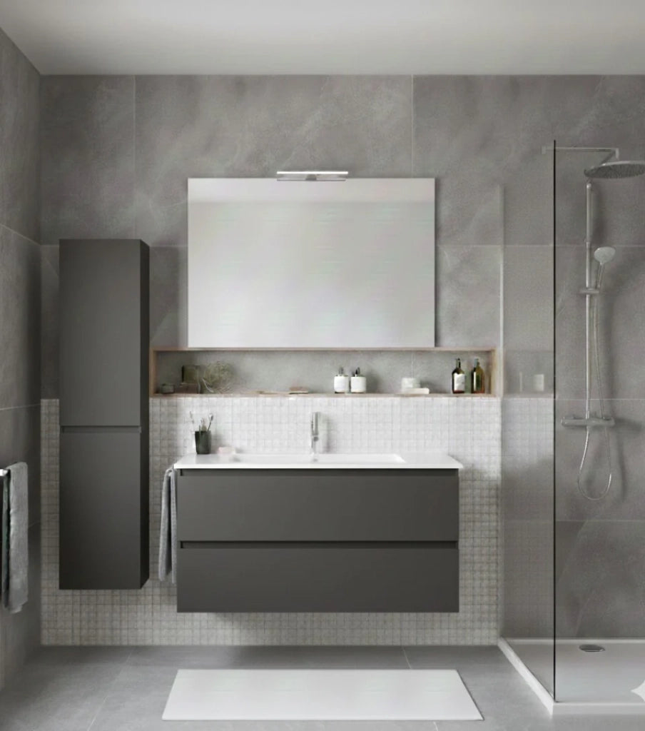 Mobile Bagno LOKI Già Montato 2 cassetti con piedini, lavabo e specchio Grafite 90x40 cm con colonna