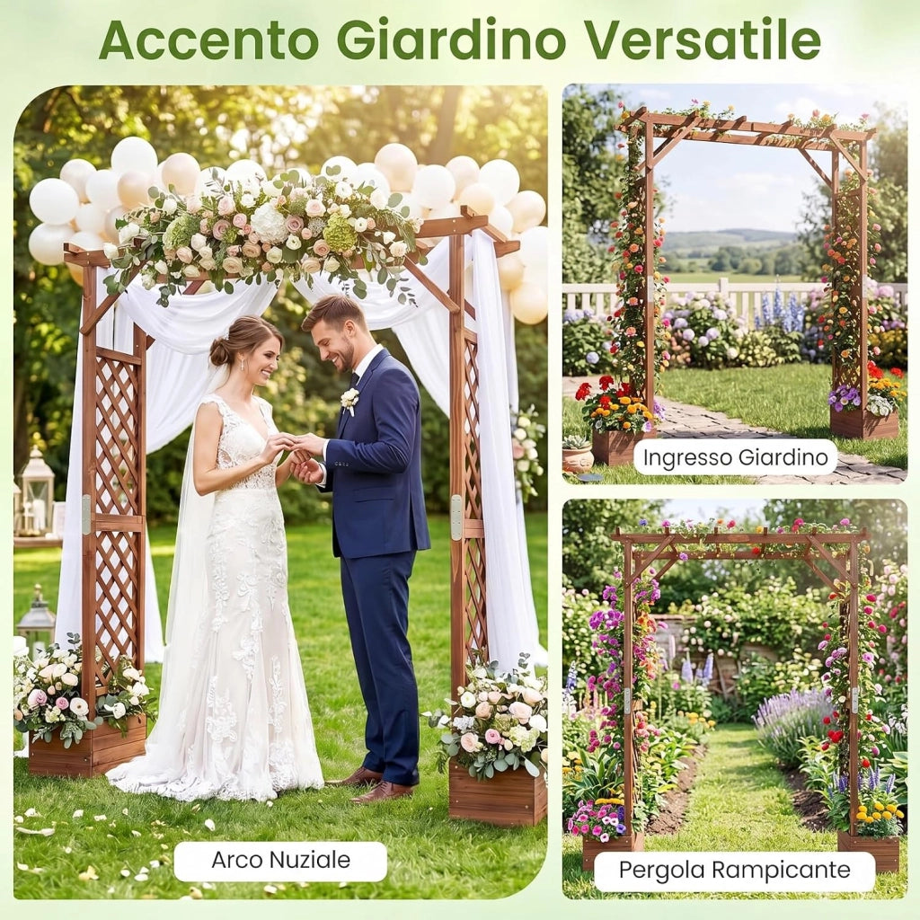 Arco da Giardino con 2 Fioriere, Pergola Esterno per Rampicanti | Pergolato Decorativo in Legno con 2 Grigliati e Tettuccio, per Matrimonio e Feste, 208 x 55 x 220 cm