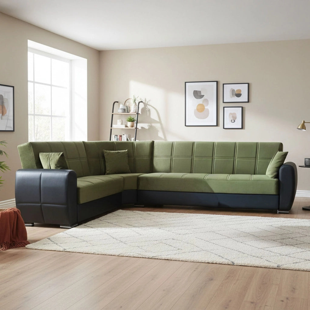 Divano letto Gaillardia, Divano letto contenitore ad angolo in ecopelle e tessuto, SofÒ  da soggiorno con apertura click-clack e penisola reversibile, 305x238h91 cm, Nero e Grigio Scuro