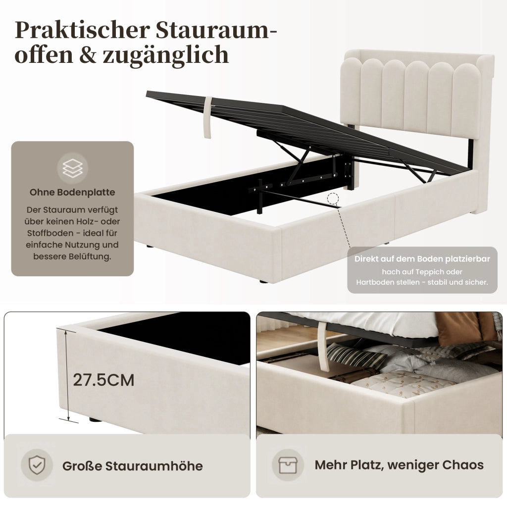 LETTO Contenitore 90x200 cm in velluto beige con rete a doghe